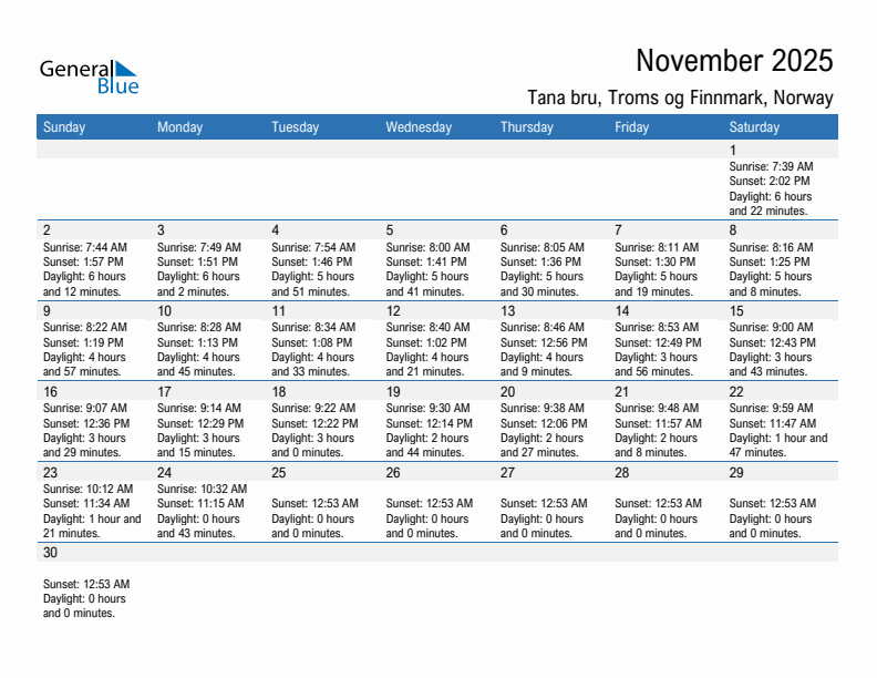 Tana bru November 2025 sunrise and sunset calendar in PDF, Excel, and Word