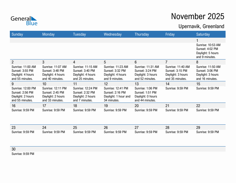 Upernavik November 2025 sunrise and sunset calendar in PDF, Excel, and Word