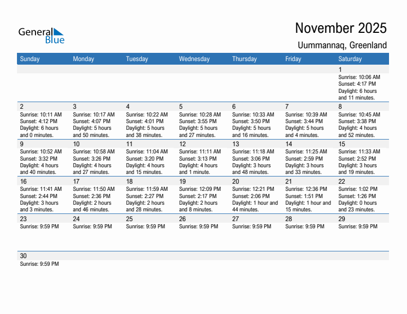 Uummannaq November 2025 sunrise and sunset calendar in PDF, Excel, and Word