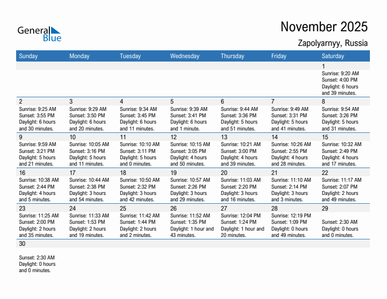 Zapolyarnyy November 2025 sunrise and sunset calendar in PDF, Excel, and Word