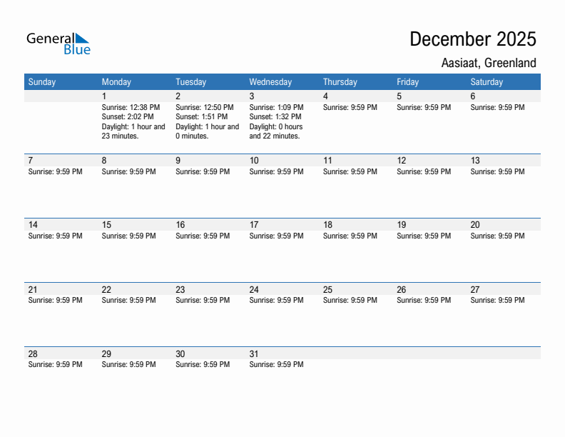 Aasiaat December 2025 sunrise and sunset calendar in PDF, Excel, and Word