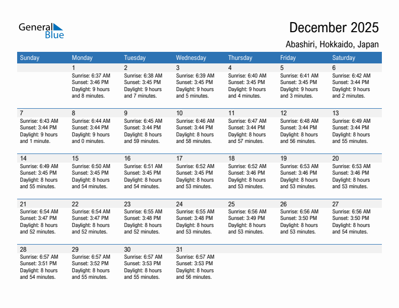 Abashiri December 2025 sunrise and sunset calendar in PDF, Excel, and Word