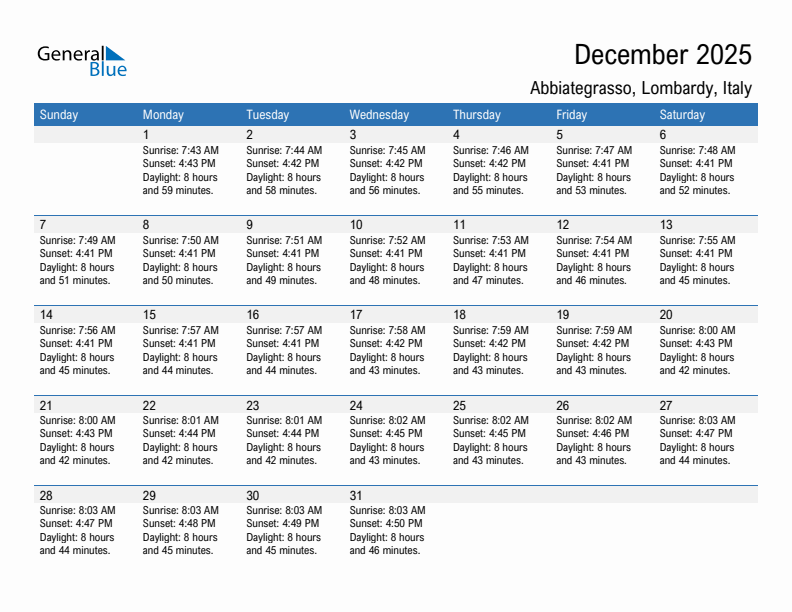 Abbiategrasso December 2025 sunrise and sunset calendar in PDF, Excel, and Word