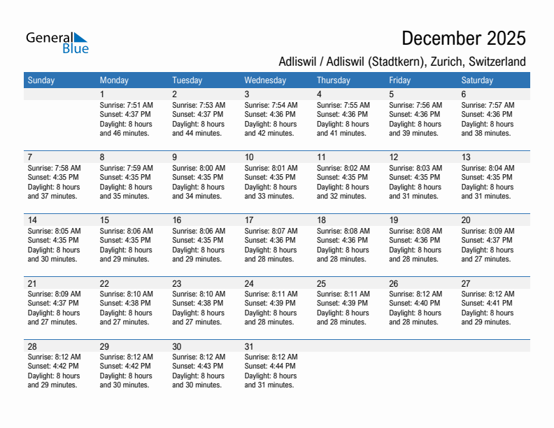 Adliswil / Adliswil (Stadtkern) December 2025 sunrise and sunset calendar in PDF, Excel, and Word