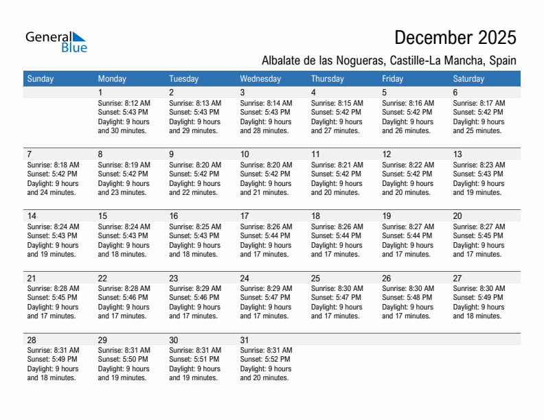 Albalate de las Nogueras December 2025 sunrise and sunset calendar in PDF, Excel, and Word