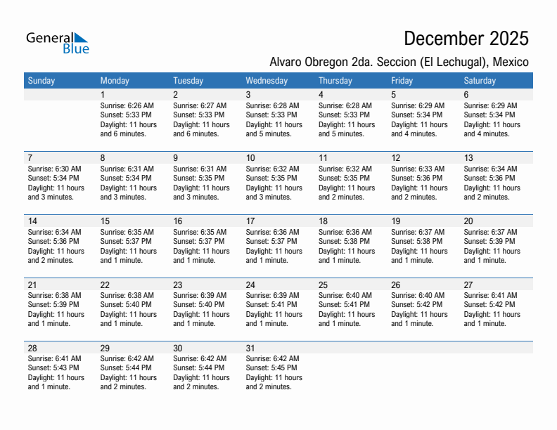 Alvaro Obregon 2da. Seccion (El Lechugal) December 2025 sunrise and sunset calendar in PDF, Excel, and Word