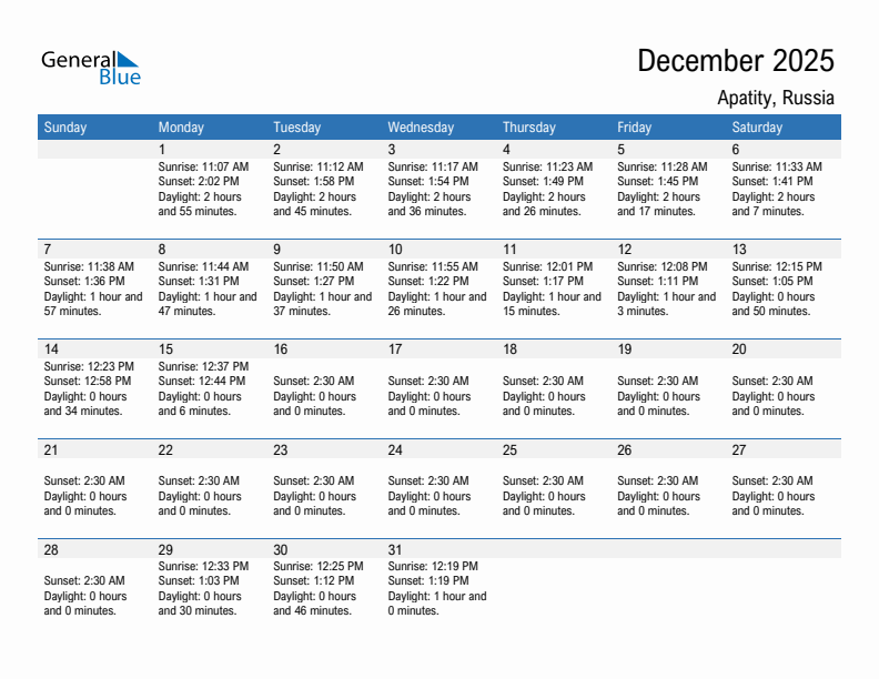 Apatity December 2025 sunrise and sunset calendar in PDF, Excel, and Word