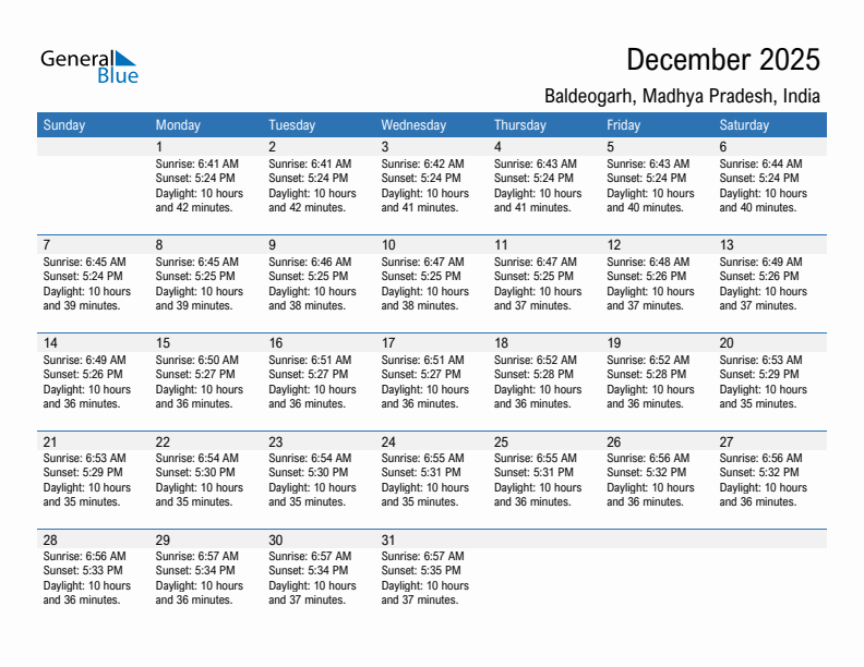 Baldeogarh December 2025 sunrise and sunset calendar in PDF, Excel, and Word