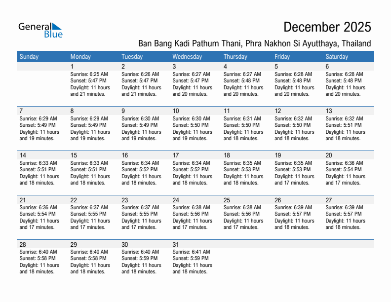 Ban Bang Kadi Pathum Thani December 2025 sunrise and sunset calendar in PDF, Excel, and Word