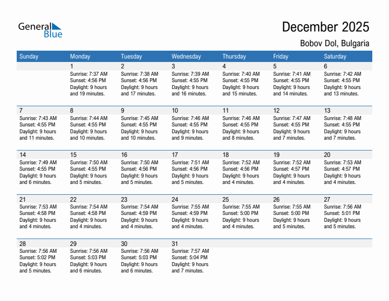 Bobov Dol December 2025 sunrise and sunset calendar in PDF, Excel, and Word