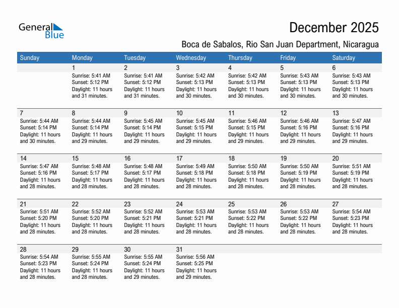 Boca de Sabalos December 2025 sunrise and sunset calendar in PDF, Excel, and Word