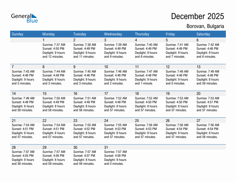 Borovan December 2025 sunrise and sunset calendar in PDF, Excel, and Word