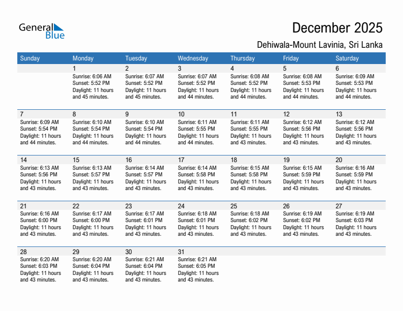 Dehiwala-Mount Lavinia December 2025 sunrise and sunset calendar in PDF, Excel, and Word