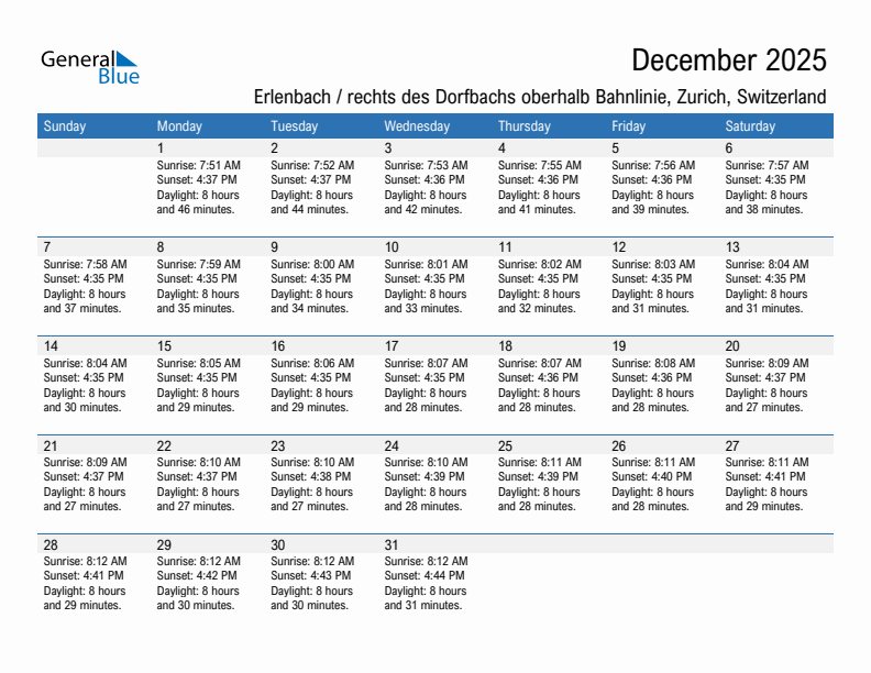 Erlenbach / rechts des Dorfbachs oberhalb Bahnlinie December 2025 sunrise and sunset calendar in PDF, Excel, and Word