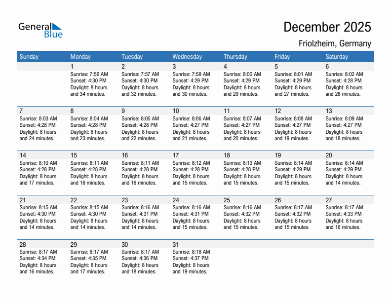 Friolzheim December 2025 sunrise and sunset calendar in PDF, Excel, and Word