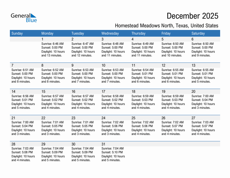 Homestead Meadows North December 2025 sunrise and sunset calendar in PDF, Excel, and Word