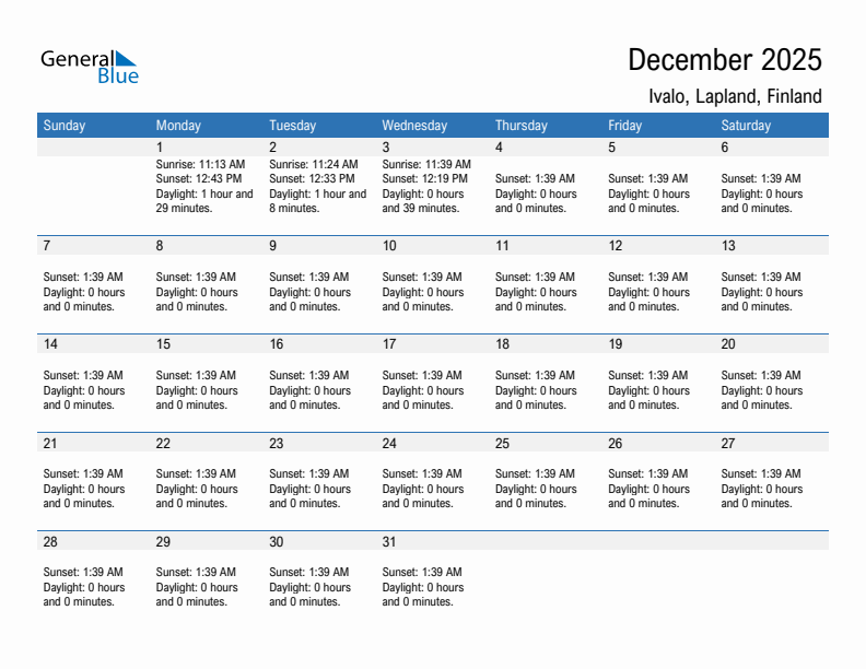 Ivalo December 2025 sunrise and sunset calendar in PDF, Excel, and Word