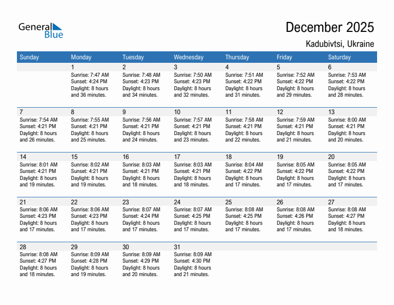 Kadubivtsi December 2025 sunrise and sunset calendar in PDF, Excel, and Word