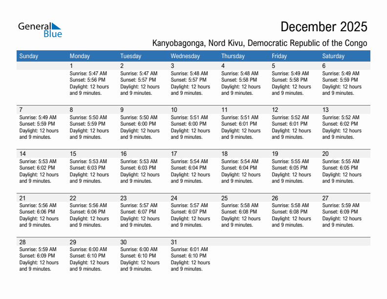 Kanyobagonga December 2025 sunrise and sunset calendar in PDF, Excel, and Word