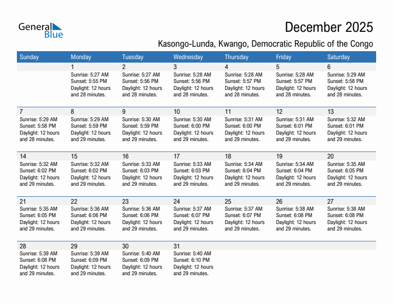 Kasongo-Lunda December 2025 sunrise and sunset calendar in PDF, Excel, and Word