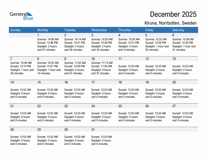 Kiruna December 2025 sunrise and sunset calendar in PDF, Excel, and Word