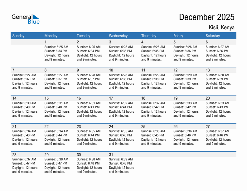 Kisii December 2025 sunrise and sunset calendar in PDF, Excel, and Word