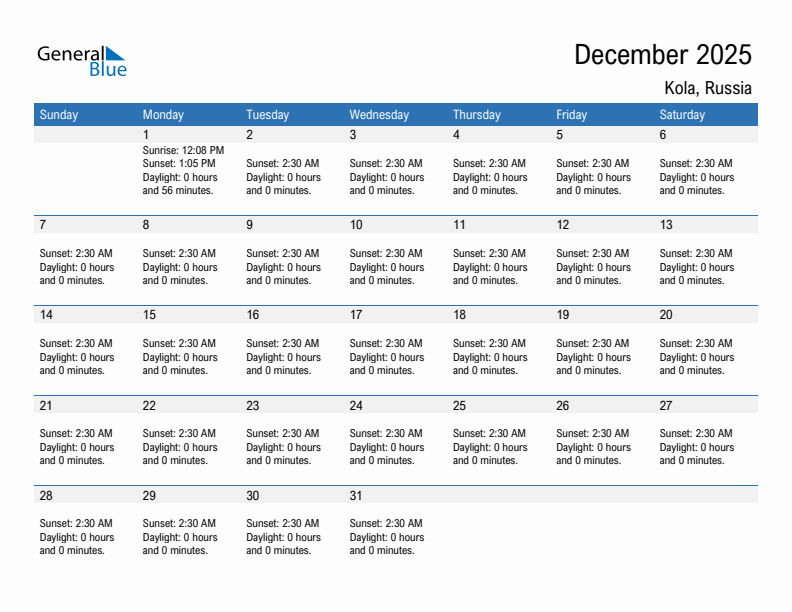 Kola December 2025 sunrise and sunset calendar in PDF, Excel, and Word