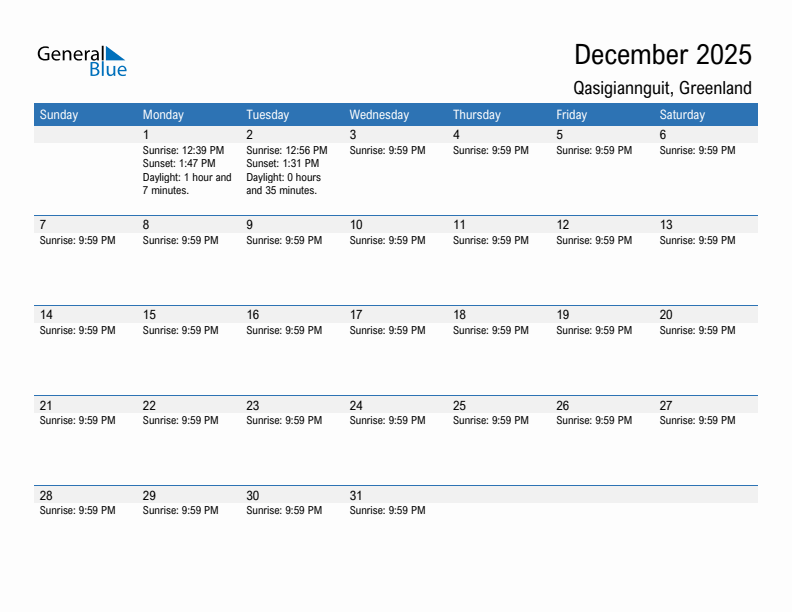 Qasigiannguit December 2025 sunrise and sunset calendar in PDF, Excel, and Word