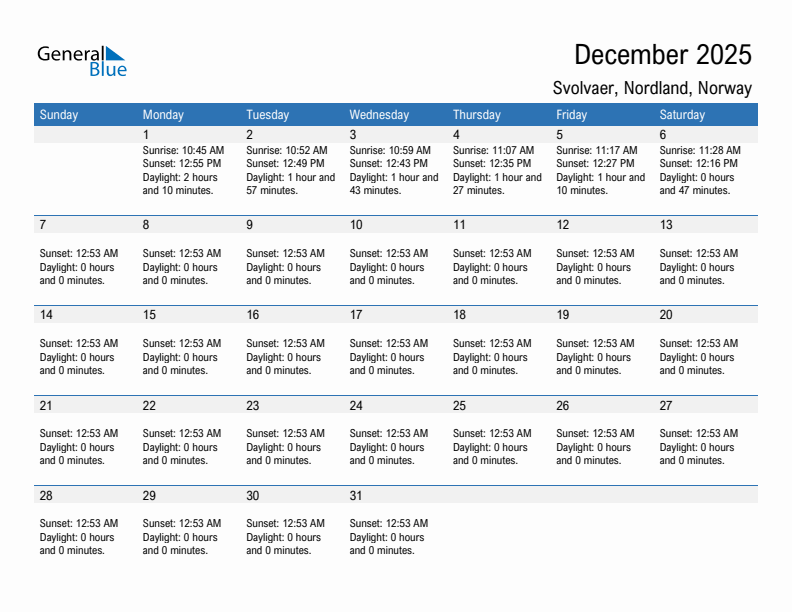 Svolvaer December 2025 sunrise and sunset calendar in PDF, Excel, and Word