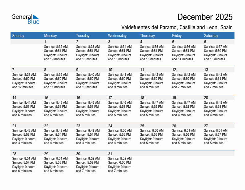 Valdefuentes del Paramo December 2025 sunrise and sunset calendar in PDF, Excel, and Word