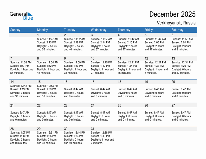 Verkhoyansk December 2025 sunrise and sunset calendar in PDF, Excel, and Word