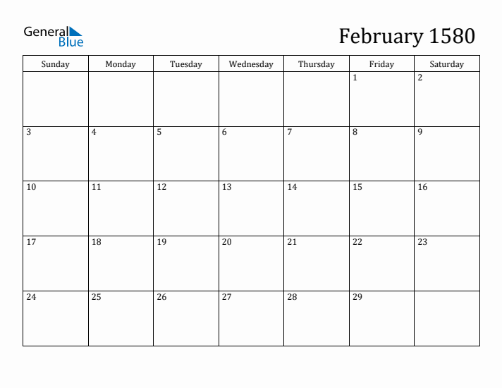 February 1580 Calendar