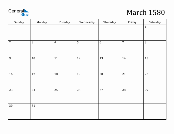 March 1580 Calendar