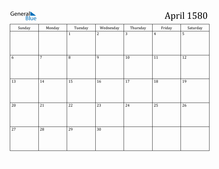 April 1580 Calendar