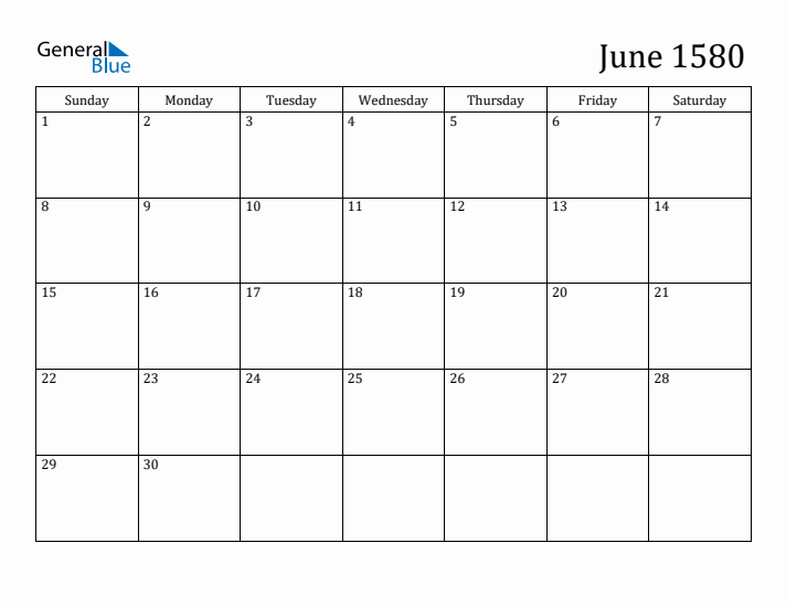 June 1580 Calendar