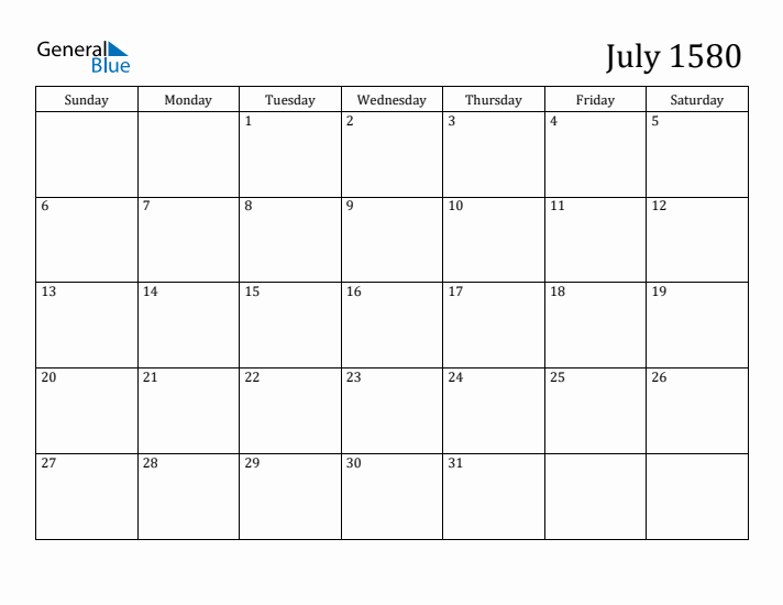 July 1580 Calendar