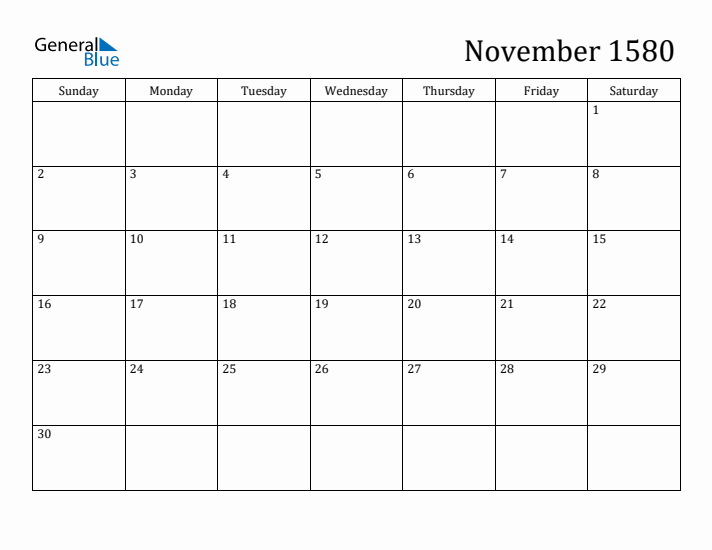 November 1580 Calendar