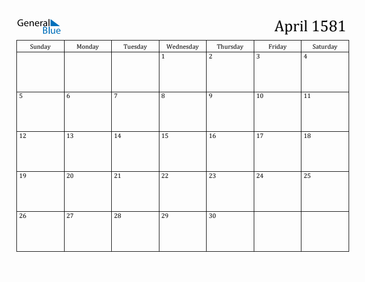 April 1581 Calendar