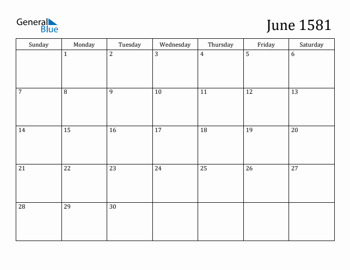 June 1581 Calendar