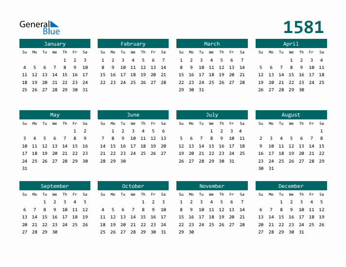 Downloadable 1581 Calendar