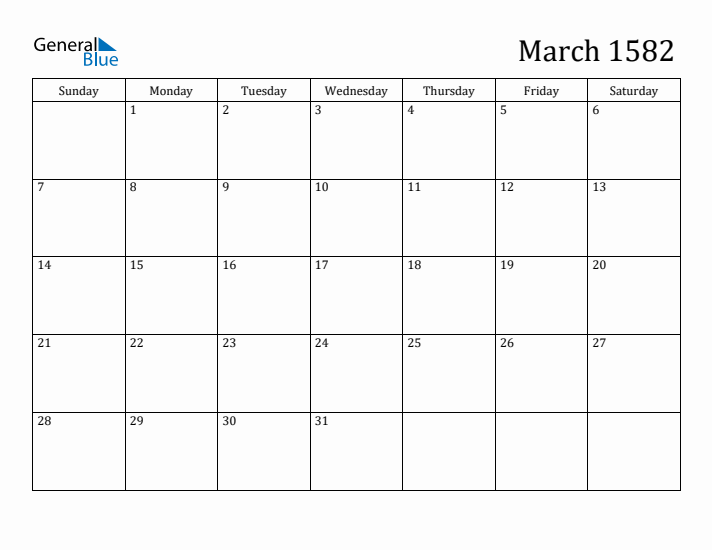 March 1582 Calendar