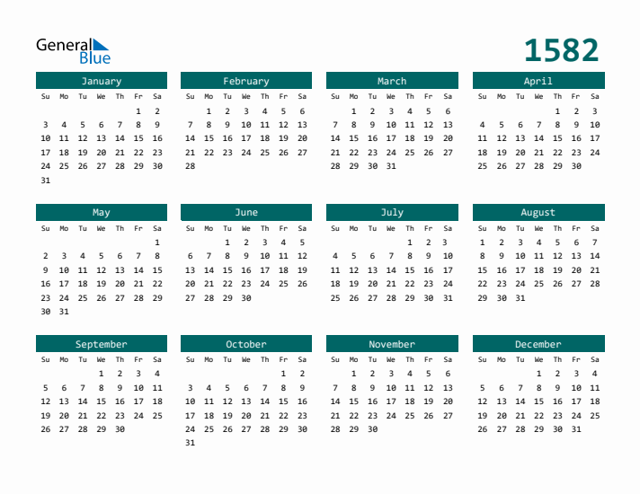 Downloadable 1582 Calendar