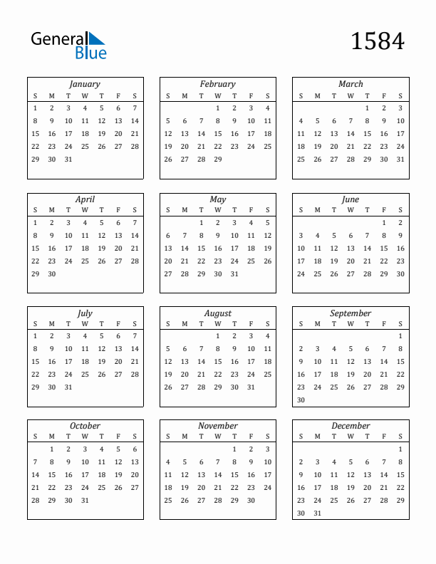 Blank Calendar 1584