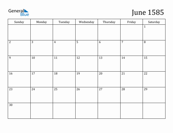 June 1585 Calendar