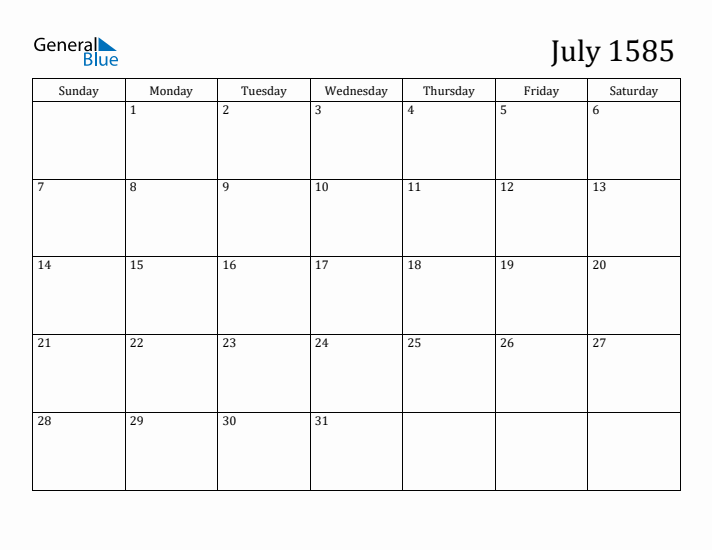 July 1585 Calendar