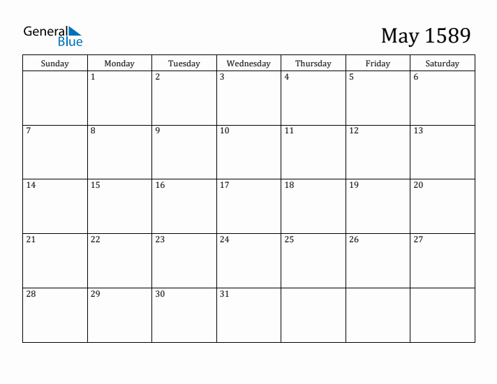 May 1589 Calendar