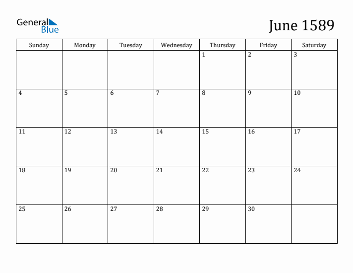 June 1589 Calendar