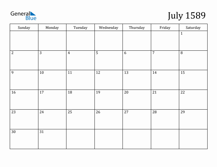 July 1589 Calendar