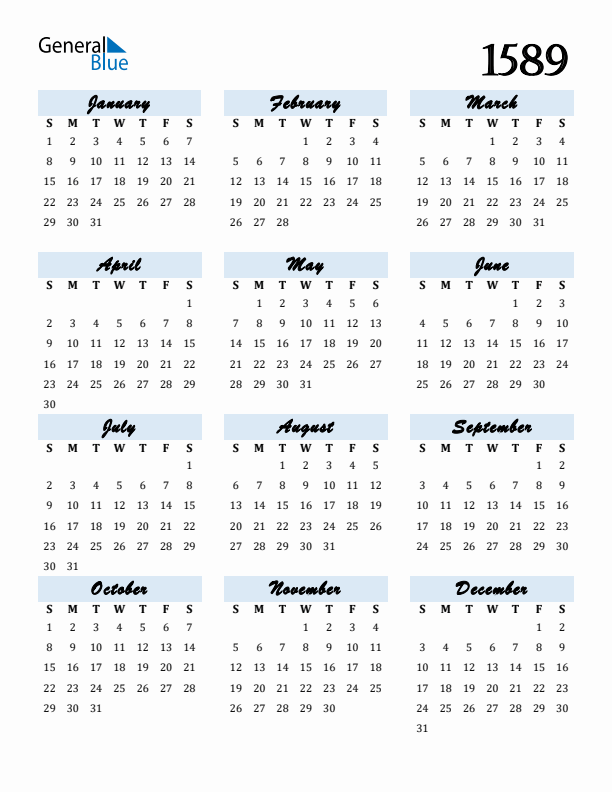 Calendar 1589 Free Download and Print