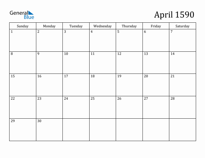 April 1590 Calendar